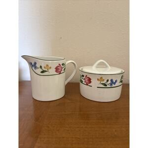 Farberware Dorchester Creamer & Sugar Bowl w/Lid Floral Green Trim